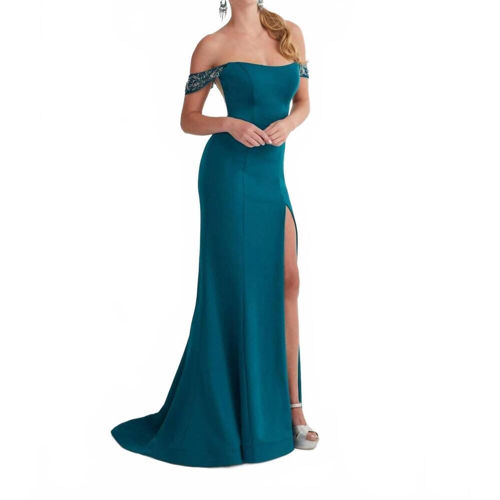 NEW HOUSE OF WU off shoulder corset back gown in teal